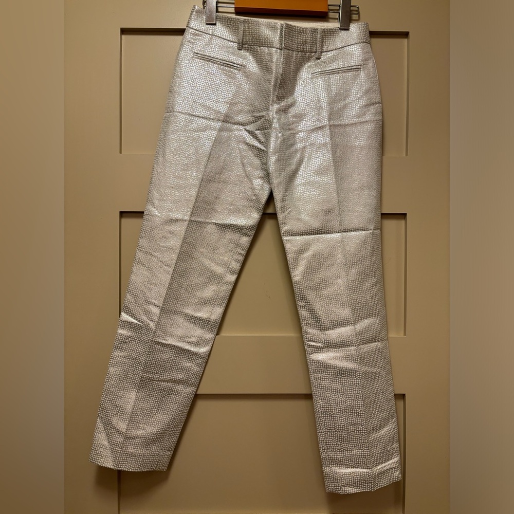 CLUB MONACO Metallic Silver Print Trouser Mid Rise Straight Ankle Pant